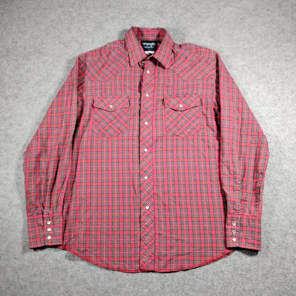 Wrangler Western Shirt Mens L Plaid Pearl Snap Red Green Cowboy Long Sleeve